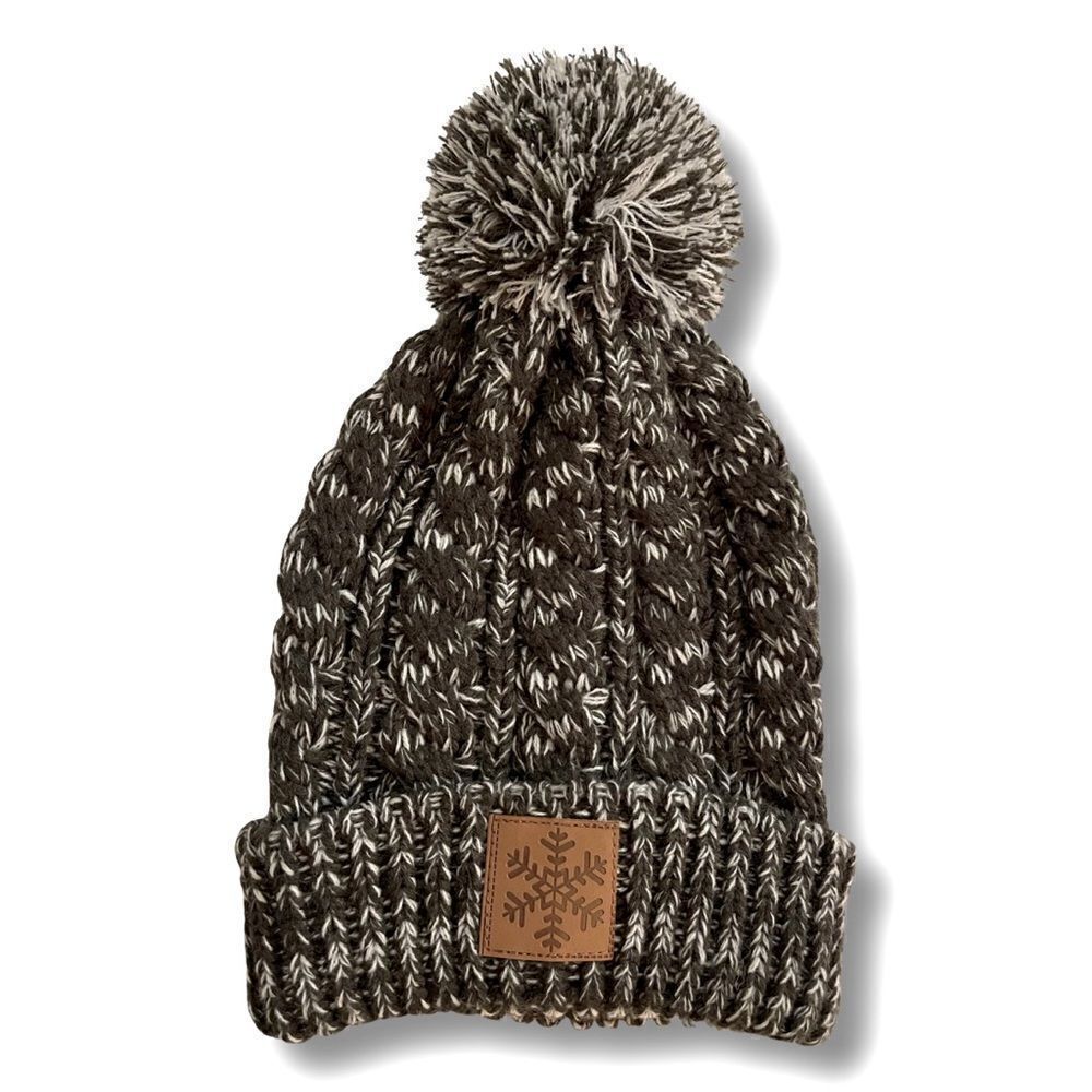 Gertex Snowflake Cable Knit Charcoal & White Marled Yarn Pom Beanie Hat